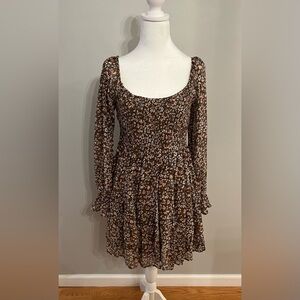 BaeVely brown floral smocked sheer long-sleeve mini dress Small 4-6